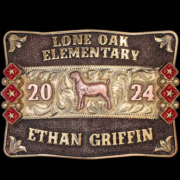 Celebrate your Kid's Accomplishments with the Bronco Belt Buckle! Crafted on a matted Jeweler's Bronze base with an antique finish. Detailed with stunning star elements, a solid edge, a hand engraved banner. 